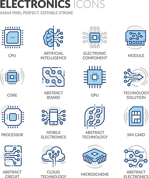 Line Electronics Icons Simple Set of Electronics Related Color Vector Line Icons. Contains such Icons as CPU, Artificial Intelligence, Sim Card and more. Editable Stroke. 64x64 Pixel Perfect. lunar module stock illustrations