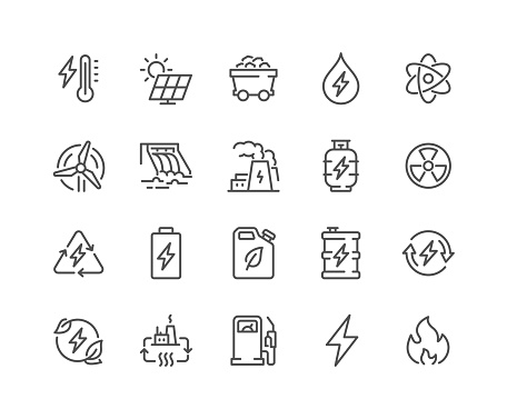 Simple Set of Energy Types Related Vector Line Icons. 
Contains such Icons as Hydroelectric Power Station, Solar Cells, Fossil Fuels and more. Editable Stroke. 48x48 Pixel Perfect.