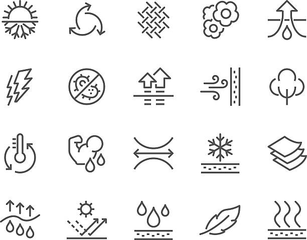 Line Fabric Feature Icons Simple Set of Fabric Feature Related Vector Line Icons. Contains such Icons as Waterproof, Layered Structure, Breathable Fiber, Ultraviolet Protection and more. Editable Stroke. 48x48 Pixel Perfect. textile stock illustrations