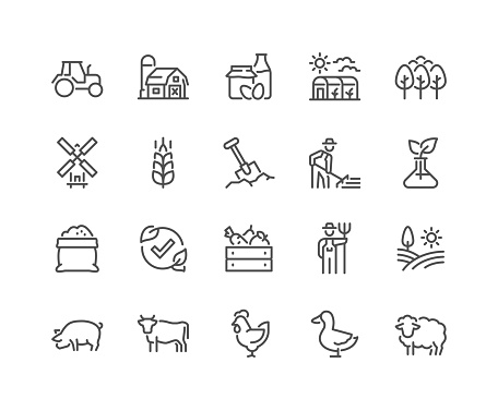 Simple Set of Farming Related Vector Line Icons. 
Contains such Barn, Livestock, Tree Garden and more. Editable Stroke. 48x48 Pixel Perfect.