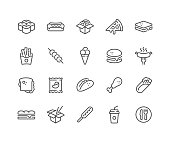 Simple Set of Fast Food Related Vector Line Icons. 
Contains such Icons as Pizza, Tacos, Chips and more.
Editable Stroke. 48x48 Pixel Perfect.