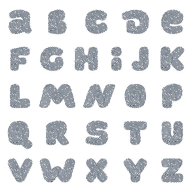 bildbanksillustrationer, clip art samt tecknat material och ikoner med line fingerprint english alphabet letters set. - typography scan