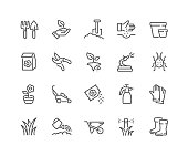 Simple Set of Gardening Related Vector Line Icons. 
Contains such Icons as Auto Watering, Seeding, Garden Tools and more.
Editable Stroke. 48x48 Pixel Perfect.