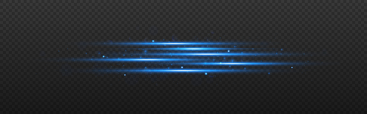 Line glow effect. Blue lights composition with glitter. Neon horizontal lines with flares. Abstract laser beams. Futuristic color strings template. Vector illustration