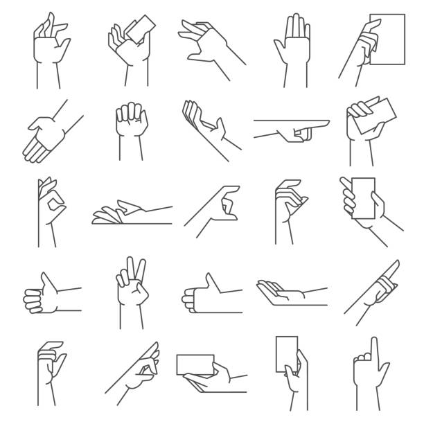 ilustrações, clipart, desenhos animados e ícones de linha gestos de mão. apontando o gesto, prenda nas mãos e como o jogo da ilustração do vetor do ícone - aperto de mãos