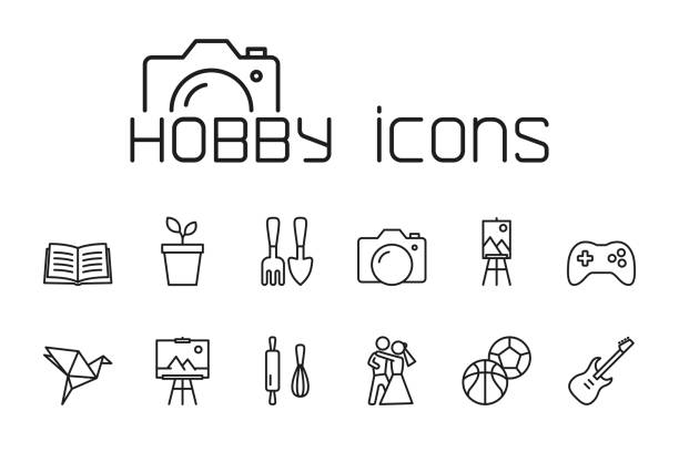 stockillustraties, clipart, cartoons en iconen met lijn hobby pictogrammen instellen op witte achtergrond - hobby's
