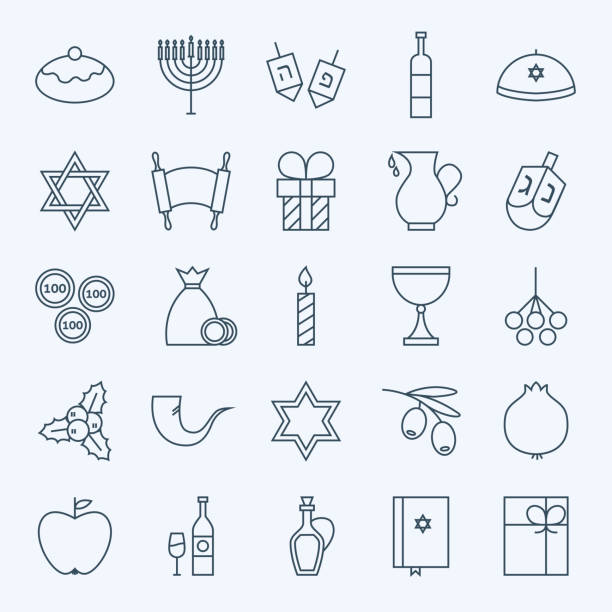 line holiday happy hanukkah icons set - 猶太燭台 幅插畫檔、美工圖案、卡通及圖標