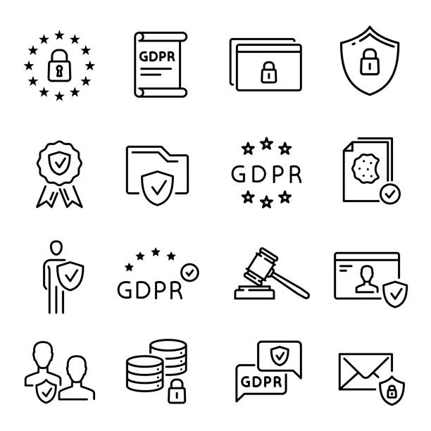 ilustrações, clipart, desenhos animados e ícones de ícone de linha gdpr, símbolo de regulamento geral de proteção de dados - a data