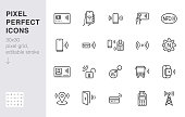NFC line icon set. Near Field Communication technology, contactless payment, card with chip minimal vector illustration. Simple outline signs for smartphone pay. 30x30 Pixel Perfect. Editable Strokes.