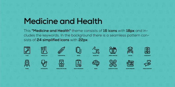 Line icons about Medicine and Health topic. In the background there is a seamless pattern with simplified icons. This Medicine and Health theme consists of 16 icons with 18px and includes the keywords. In the background there is a seamless pattern consists of 24 simplified icons with 22px. doctor backgrounds stock illustrations