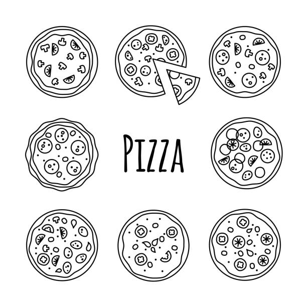 illustrazioni stock, clip art, cartoni animati e icone di tendenza di illustrazione vettoriale set di icone di linea su bianco - pizza