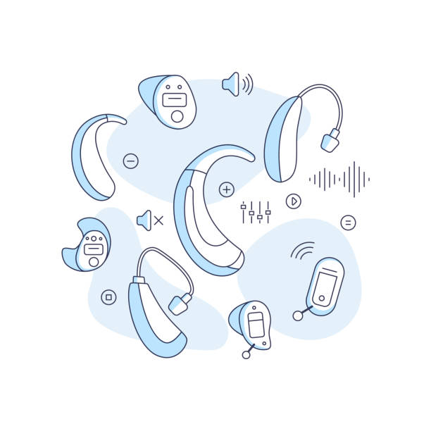 Line illustrations of different hearing aids for deaf people.Vector flat illustration. Types of hearing aids for the hearing impaired and the deaf with icons.Hearing aid technology.Vector flat illustration with lines.Behind,receiver,in the ear,open fit,in the canal,invisible,completely. hearing aids stock illustrations