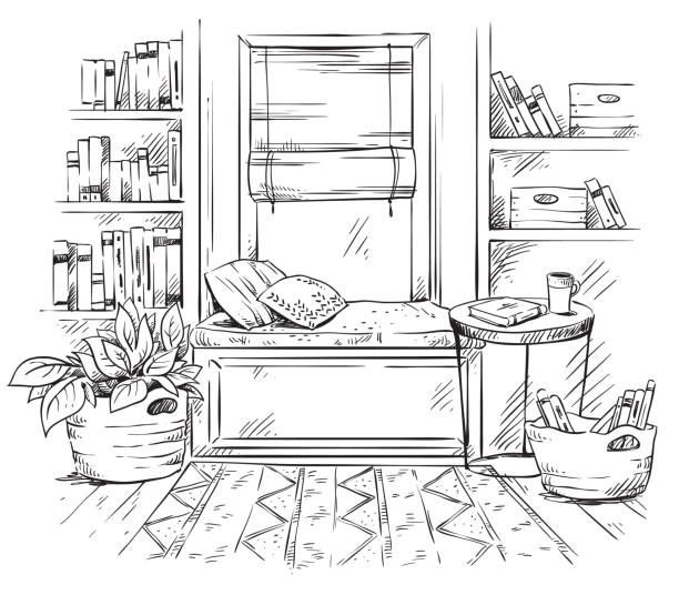 line interior sketch, a cozy window seat with bookshelves on the side, black and white drawing line interior sketch, a cozy window seat with bookshelves on the side, black and white drawing alcove window seat stock illustrations