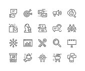 Simple Set of Marketing Related Vector Line Icons. Contains such Icons as Mail Marketing, Target Audience, Keywording, Product Presentation and more. Editable Stroke. 48x48 Pixel Perfect.
