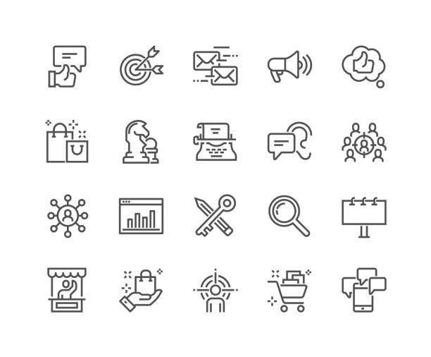 Line Marketing Icons Simple Set of Marketing Related Vector Line Icons. Contains such Icons as Mail Marketing, Target Audience, Keywording, Product Presentation and more. Editable Stroke. 48x48 Pixel Perfect. audience stock illustrations