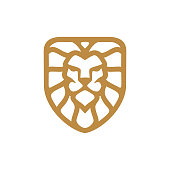 istock Line outline lion head shield logo design. Lion crest vector icon 1370821500