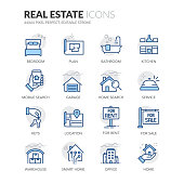 Simple Set of Real Estate Related Vector Line Icons. 
Contains such Icons as For Rent Sign, Office, Location and more.
Editable Stroke. 64x64 Pixel Perfect.