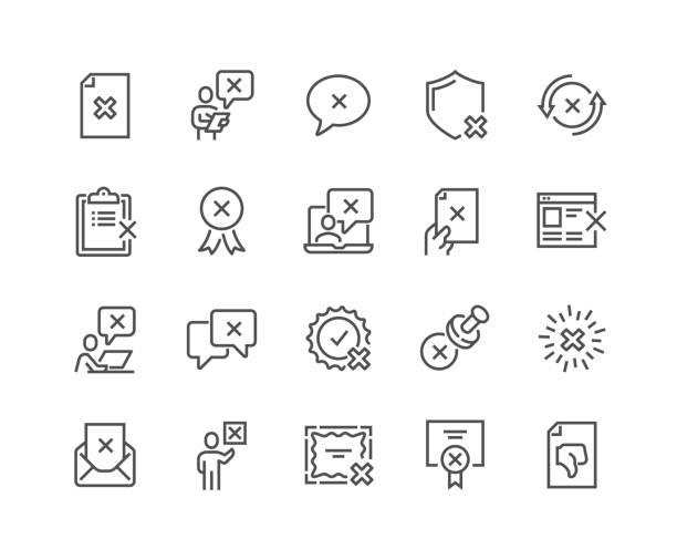 Line Reject Icons Simple Set of Reject Related Vector Line Icons. 
Contains such Icons as Refuse Stamp, Cancellation, Decline and more.
Editable Stroke. 48x48 Pixel Perfect. mistake stock illustrations