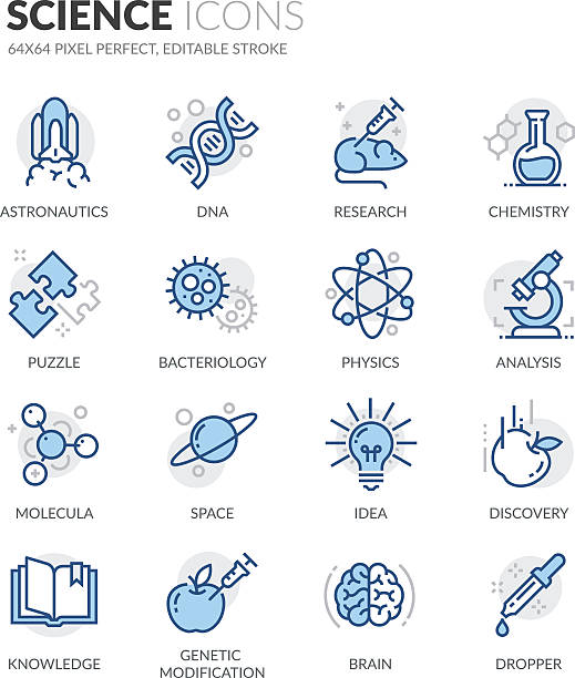 Line Science Icons Simple Set of Science Related Color Vector Line Icons. Contains such Icons as DNA, Analysis, Research, Genetic Modification and more. Editable Stroke. 64x64 Pixel Perfect. science icons stock illustrations