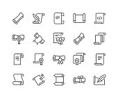 Simple Set of Scrolls and Papers Related Vector Line Icons. Contains such Icons as Education Diploma, Magic Paper, Code Listing and more. Editable Stroke. 48x48 Pixel Perfect.