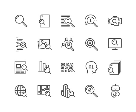 Simple Set of Search Related Vector Line Icons. 
Contains such Icons as Reverse Indexation, Search Bot, Artificial Intelligence and more.
Editable Stroke. 48x48 Pixel Perfect.