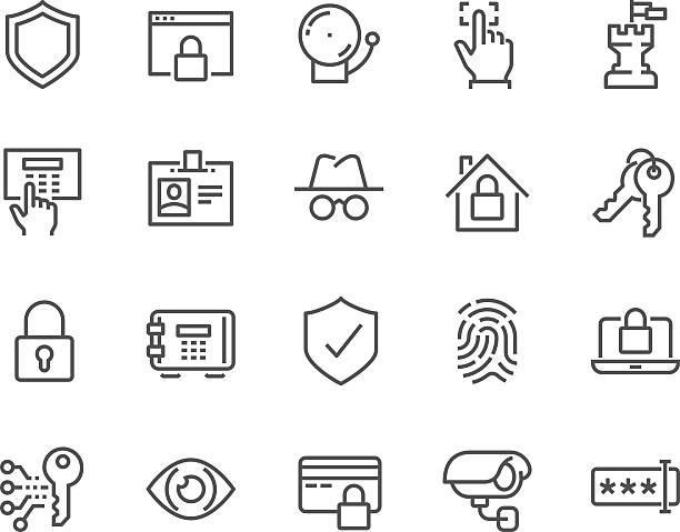 Line Security Icons Simple Set of Security Related Vector Line Icons. Contains such Icons as Finger Print, Electronic key, Spy, Password, Alarm and more. Editable Stroke. 48x48 Pixel Perfect. security designs stock illustrations
