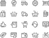 Simple Set of Shopping Related Vector Line Icons. Contains such Icons as Shop, Delivery, Shopping bag, Sale, Wallet, Online Support and more. Editable Stroke. 48x48 Pixel Perfect.
