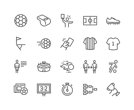Simple Set of Soccer Related Vector Line Icons. Contains such Icons as Stadium,