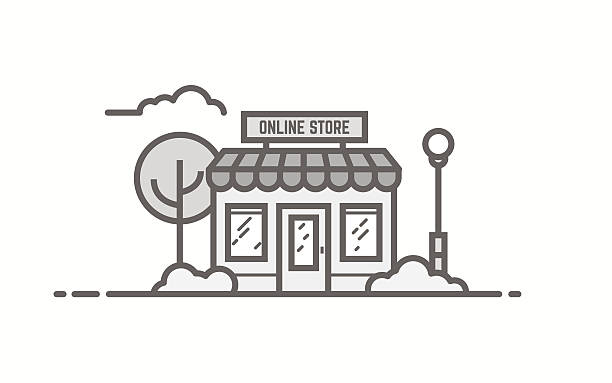 Line store illustration Online store building. Line outline vector illustration. Tree and bushes with street lamp and cloud. Trendy linear retro color style. small business stock illustrations