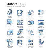 Simple Set of Survey Related Vector Line Icons. 
Contains such Icons as Review, Customer Opinion, Web Survey and more.
Editable Stroke. 64x64 Pixel Perfect.