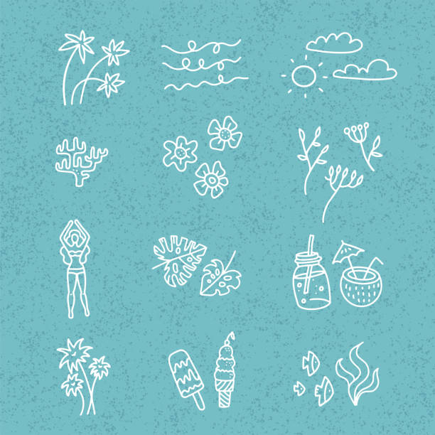 Line vector hand drawn doodle cartoon set of summer time season objects and symbols on blie textured backgound. Linear art collection - cocktails, flower, palm leaves, icecream. Line vector hand drawn doodle cartoon set of summer time season objects and symbols on blie textured backgound. Linear art collection - cocktails, flower, palm leaves, icecream summer drawings stock illustrations
