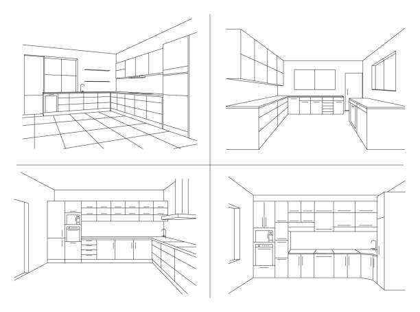 KITCHEN INTERIOR SKETCHES. Line vector illustration of modern kitchen with furniture. KITCHEN INTERIOR SKETCHES. Line vector illustration of modern kitchen with furniture. Perspective sketch draw plan interior kitchen. Modular kitchens system on white background. kitchen drawings stock illustrations