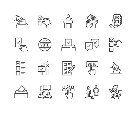 Simple Set of Voting Related Vector Line Icons. 
Contains such Icons as Raising Hands, Ratings of Candidates, Electronic voting and more. Editable Stroke. 48x48 Pixel Perfect.