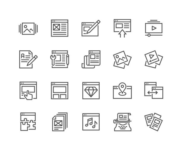 Line Web Content Icons Simple Set of Web Content Related Vector Line Icons. Contains such Icons as Landing Page, Image and Video Gallery, Page Components and more. Editable Stroke. 48x48 Pixel Perfect. lunar module stock illustrations