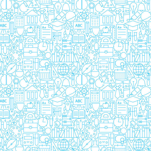Line White Education Seamless Pattern Line White Education Seamless Pattern. Vector Illustration of School and Science Tile Background. teacher patterns stock illustrations