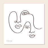 Linear abstract couple faces. Man and woman romantic modern poster. Continuous one line drawing. Minimalistic style valentines graphic design. Fashion decor, t shirt print