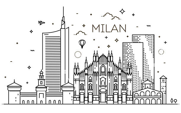 stockillustraties, clipart, cartoons en iconen met lineaire banner van milaan stad - milan