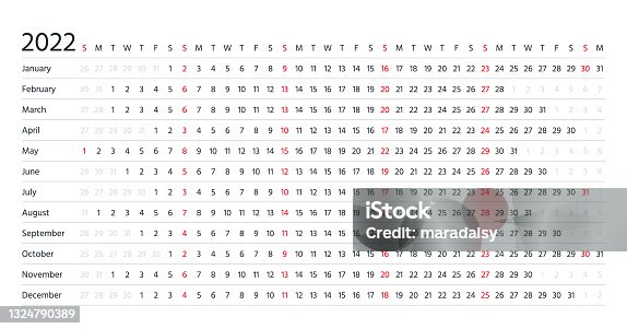 istock Linear calendar for 2022 year. Vector illustration. Yearly grid of calender. 1324790389