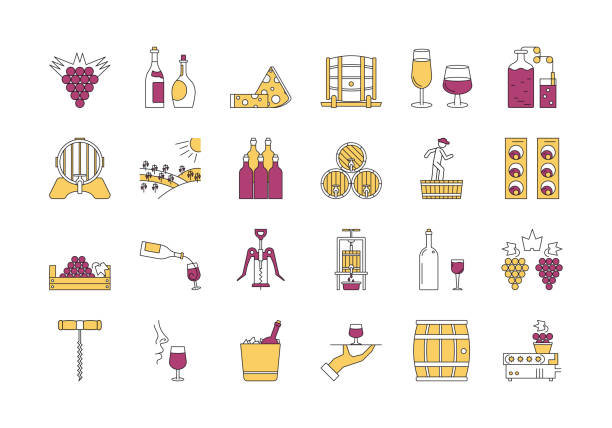 ilustrações de stock, clip art, desenhos animados e ícones de linear color icon set 4 - wine production - technology picking agriculture