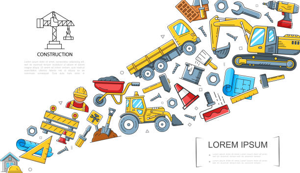 Linear construction colorful concept with builder truck tractor...
