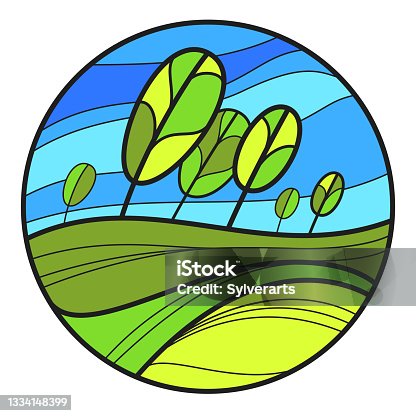 istock Linear drawing of landscape with trees in a shape of circle template for emblem or logo vector design isolated, beautiful garden monogram badge. 1334148399