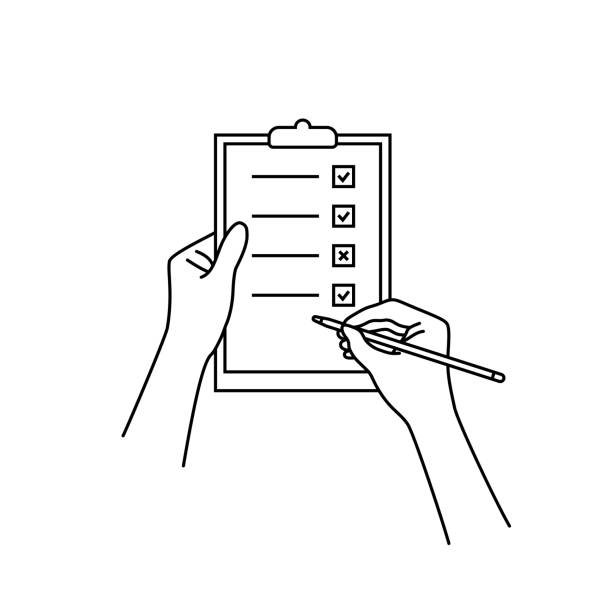 ilustrações de stock, clip art, desenhos animados e ícones de linear hand with checklist on clip board - man with pen