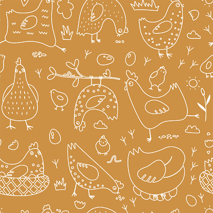 Linear hen birds seamless pattern. Hand drawn outline doodle chickens and eggs. Can be printed and used as wrapping paper, wallpaper, textile, fabric, etc. Cute vector backdrop