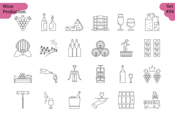 ilustrações de stock, clip art, desenhos animados e ícones de linear icon set 4 - wine production - technology picking agriculture