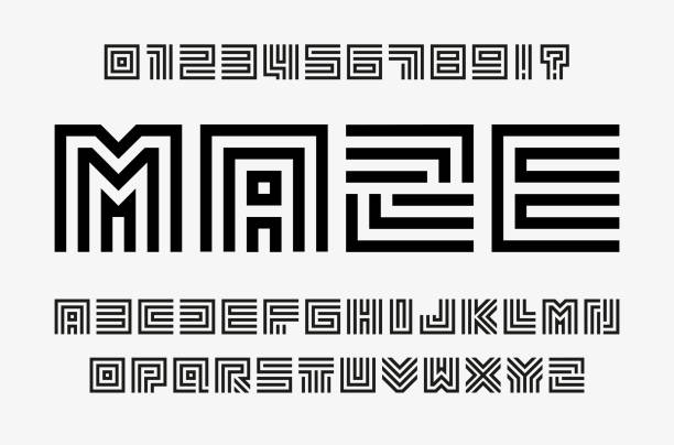 Linear labyrinth letters and numbers set. Line maze style alphabet. Contout geometric font, type for lineart logo and monogram concept. Outline vector typography design Linear labyrinth letters and numbers set. Line maze style alphabet. Contout geometric font, type for lineart logo and monogram concept. Outline vector typography design. maze patterns stock illustrations