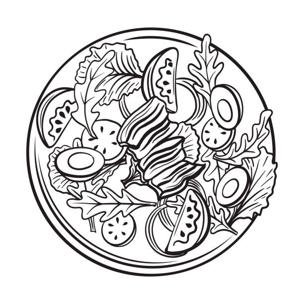 흰색 배경에 샐러드 플레이트의 선형 패턴 - salad stock illustrations