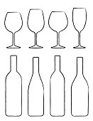 linear hand drawing set of black wine bottle and glasses silhouettes
