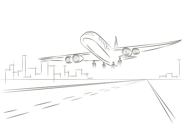linear sketch plane taking off linear sketch plane taking off airport drawings stock illustrations