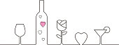 istock Linear style design for Valentines Day with wine glasses, rose and heart shaped 686467502