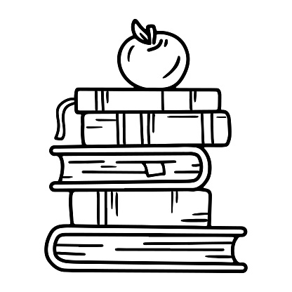Linear vector icon of a stack of school books with an apple on top in a doodle style